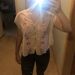 Free People Tan/Cream Floral Flowy Top